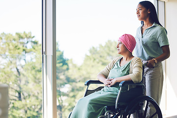 Image showing Senior woman cancer, wheelchair or daughter by window while thinking of treatment, healthcare and medical support. Elderly person with a disability, patient or caregiver help in home with future idea