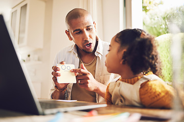 Image showing Parent, teaching and girl for education in home with laptop and homework for growth. Father, kid and learning for knowledge with reading assignment or support for childhood development with help.