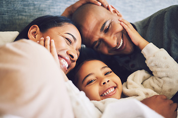 Image showing Home, family and parents relax, quality time and happiness with bonding, peace and loving together. Mother, father and female child with a smile, calm and weekend break with care and kid with support