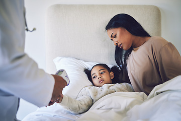 Image showing Doctor, mother and daughter with fever, thermometer and check with worry, health and temperature in bed. Medic, inspection or exam for flu, sick child and mom in bedroom for wellness in family house