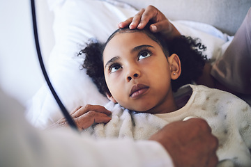 Image showing Hands, stethoscope and pediatrician with child for heart healthcare, breathing or check lungs for wellness in hospital. Girl, medical professional or doctor with cardiology instrument in consultation