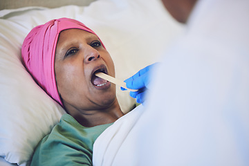 Image showing Throat stick, cancer and patient in bed with cold, flu or respiratory illness at her home. Sick, medical and woman at a doctor consultation or checkup for infection or disease in clinic or hospital.