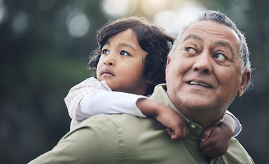 Image showing Nature, care and a grandfather with a child and piggyback, thinking and looking at the view in a park. Smile, love and senior man with a kid in a backyard or garden with an idea or vision and hug