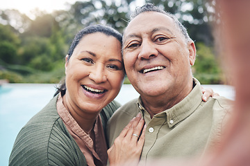 Image showing Face, selfie and funny elderly couple outdoor taking photo for happy memory, social media or profile picture. Portrait, smile and senior man and woman in retirement, laughing and relax on holiday.