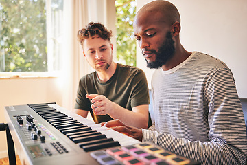 Image showing Male student, learning and piano with teacher for education or creativity with diversity. Music, lesson and keyboard with black man and instructor or performance as artist in home with training.