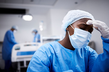 Image showing Stress, black woman and doctor with depression, anxiety and mental health issue with surgery loss. Female person, employee and medical professional with burnout, sad and anxious with mistake or grief