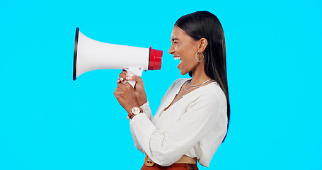 Image showing Megaphone, voice and announcement of woman isolated on blue background broadcast, breaking news and loud opinion. Indian person with speaker sound for gen z lifestyle or call to action sign in studio