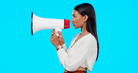 Image showing Megaphone, voice and announcement of woman isolated on blue background broadcast, breaking news and loud opinion. Indian person with speaker sound for gen z lifestyle or call to action sign in studio