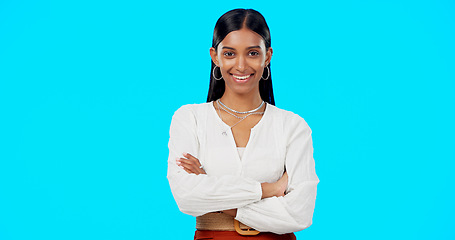 Image showing Laughing, studio and Indian woman face with blue background feeling success. Business employee, motivation and happy portrait of a young female worker and professional isolated with happiness and joy