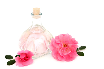 Image showing Rosewater for Skincare with Pink Rose Flowers