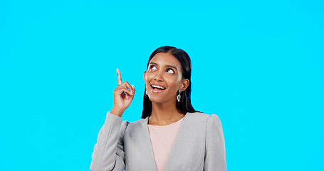 Image showing Mock up, studio and happy woman point at business sales promo, present gift or discount deal mockup. Portrait, advertising space and marketing product placement for person isolated on blue background