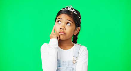 Image showing Thinking, green screen and child wondering with a question feeling confused, thoughtful and isolated in studio background. Planning, girl and kid contemplating, curious and planning expression