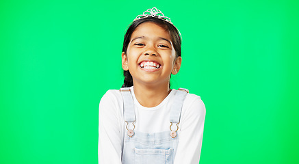 Image showing Happy, laugh and face of child in green screen studio for funny, youth and cute. Happiness, positive and smile with portrait of young girl isolated on background for proud, expression and innocent