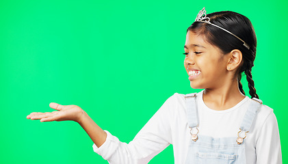 Image showing Mockup, green screen and child open hand showing product placement, advertising and logo isolated in a studio background. Smile. happy and portrait of kid excited for promotion, logo or branding