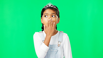 Image showing Girl, princess and shock face by green screen studio with wow, surprise and thinking in fantasy mock up. Female child, confused portrait and wonder with, tiara, mystery and hands on mouth for mockup