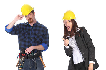 Image showing businesswoman and construction worker