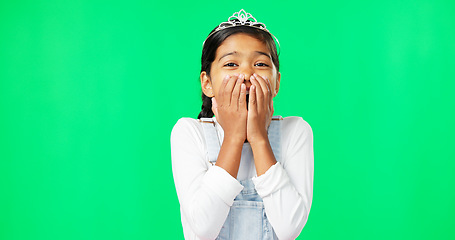 Image showing Girl, princess and wow face by green screen studio with shock, surprise and happiness in mock up. Female child, fairytale portrait and happy for birthday celebration with hands on mouth for mockup