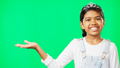 Image showing Mockup, green screen and child open hand showing product placement, advertising and logo isolated in a studio background. Smile. happy and portrait of kid excited for promotion, logo or branding