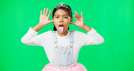 Image showing Princess, funny face and girl on green screen in studio isolated on background. Portrait, tiara and happiness of kid laughing with crown, tutu and comic, goofy and silly, tongue out or playful comedy