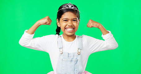 Image showing Strong, muscle flex and girl on green screen with flexing arms pose for growth, empowerment and happy. Strength mockup, smile and portrait of excited girl in studio for power, confidence and biceps