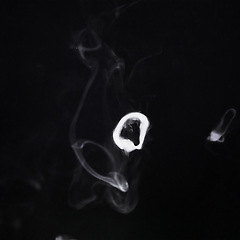 Image showing Smoke ring movement, white png and transparent background with pollution swirl. Fig, art and steam pattern in the air with isolated smoking and incense creativity with abstract motion