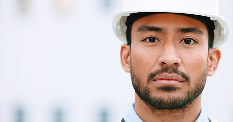 Image showing Face of a contractor and maintenance manager at a construction site with copy space. Portrait of an engineer with a hardhat overseeing a successful project development