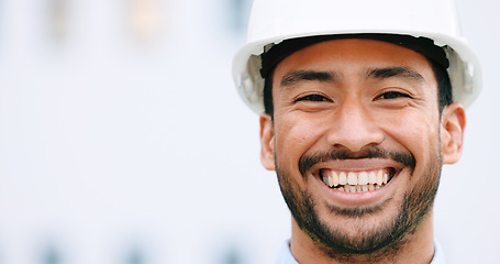 Image showing Face of a contractor and maintenance manager smiling and laughing at a construction site with copy space. Portrait of a happy engineer with a hardhat overseeing a successful project development