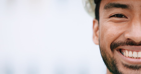 Image showing Face of construction manager smiling and wearing hardhat while standing outside on site with copy space. Closeup of happy civil engineer worker doing maintenance and repair work for building project