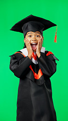 Image showing Graduation, education and child with surprise on green screen for graduate, academy and learning. Education, back to school and portrait of girl shout with shock, omg reaction and wow face in studio