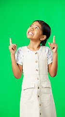 Image showing Face, pointing and girl with motivation, green screen and choice with inspiration, happiness and show. Portrait, female child and young person with direction, decision and promotion with joy or smile