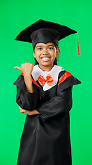 Image showing Graduation, education and child point on green screen for graduate, back to school deal and announcement. Mockup, student and portrait of young girl with knowledge, achievement and smile in studio