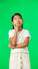 Image showing Girl, child and thinking of idea on green screen background with mockup space for plan or choice. Indian kid portrait in vertical studio with hand on chin planning, think or brainstoming decision