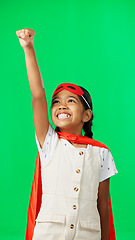 Image showing Costume, face and child in a studio with green screen doing a superhero pose and outfit. Happy, smile and portrait of a girl kid from Mexico in cosplay clothes by a chroma key background with mockup.