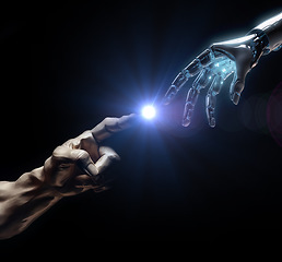 Image showing Robot, human and hand touch with 3d rendering and dark background with cyber machine. Cyborg, light and hands graphic illustration showing futuristic, ai innovation and future robotic connection