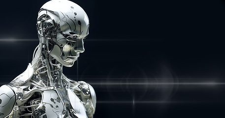 Image showing Cyborg, ai and robotics on mockup in futuristic technology, cyberspace or android machine against a dark studio background. Cyber man in artificial intelligence, data innovation or future robot