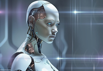 Image showing AI technology, robot or futuristic android with machine learning software, future innovation and robotic system. Humanoid face, scifi fantasy or cyborg development, automation or mechanical invention