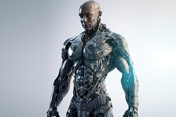 Image showing AI technology, sci fi and cyborg man, futuristic robot or fantasy warrior character for RPG, gaming or cyberpunk. Studio machine, android transformation or robotic humanoid model on grey background