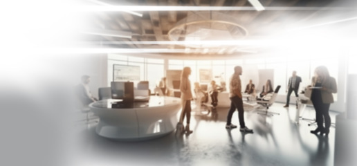 Image showing Busy, workforce and startup company with employees working and walking in an office building with black and white overlay. Business, workspace and people at work networking and planning