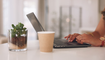 Image showing Business woman, hands or laptop typing in home office on email, internet planning or startup research. Employee, remote work or freelance entpreneur on technology keyboard for website blog or writing