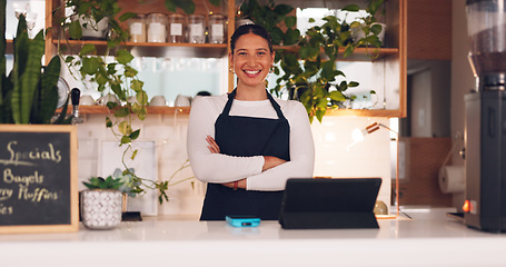 Image showing Face, woman and barista with arms crossed, smile and confidence in store, success and waitress in cafe. Portrait, female employee or lady with happiness, entrepreneur or business owner in coffee shop