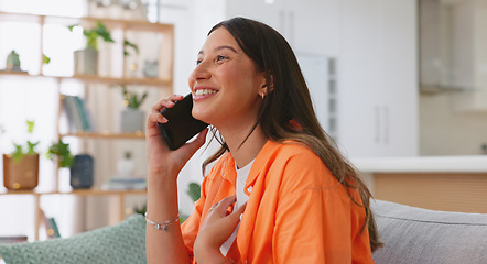 Image showing Phone call, couch and woman laughing in online conversation, talking and voip home communication. Happy, funny and casual person on living room sofa chat or discussion on her cellphone or mobile app