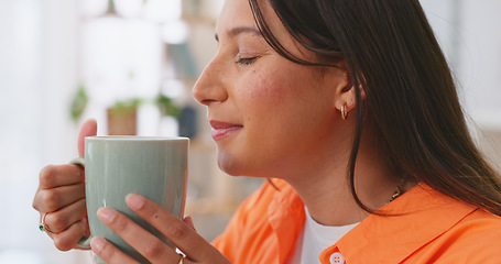 Image showing Relax, thinking and happy woman with coffee on break drinking with smile on face with peace and calm. Freedom, happiness and smiling girl enjoying nostalgic memory, aroma and cup at tea time in home.