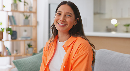 Image showing Face, happy and woman on couch, relax and positive in living room, carefree and resting. Portrait, American female and lady on sofa, smile and stress relief in lounge, girl with happiness or cheerful