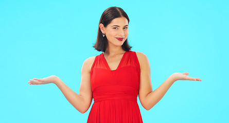 Image showing Decision, comparison and happy woman with studio choice, mock up option or palm product placement. Mockup portrait, advertising copy space and person balance discount deal isolated on blue background