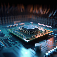 Image showing Microchip, motherboard and computer hardware, CPU and circuit board with technology and closeup. Cyber tech, cloud computing and processor, AI and digital drive with pc system and electronics