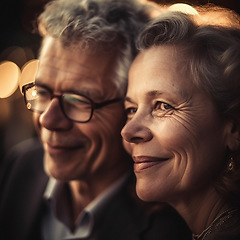 Image showing Love, old woman and man with smile on face, bokeh and romantic evening anniversary date together. Retirement, health and senior couple in mature, happy relationship or ai generated marriage at night