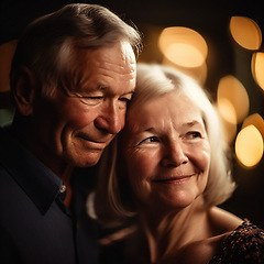 Image showing Love, romance and old couple with smile on face, bokeh and romantic evening anniversary celebration together. Retirement and senior man, woman in happy relationship or ai generated marriage