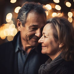 Image showing Love, romance and mature couple with smile on face, bokeh and romantic evening anniversary celebration together. Retirement, ai generated senior man and old woman in happy relationship or marriage.