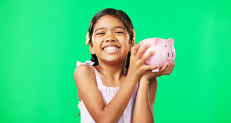 Image showing Face, green screen and girl child with piggy bank in studio, happy and excited for savings on mockup background. Portrait, money and box by Mexican kid smiling for cash, growth or future planning