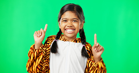 Image showing Face, motivation and girl with green screen, pointing and happiness with joy, cheerful and inspiration. Portrait, young person and female child with direction, decision and options with choice or joy